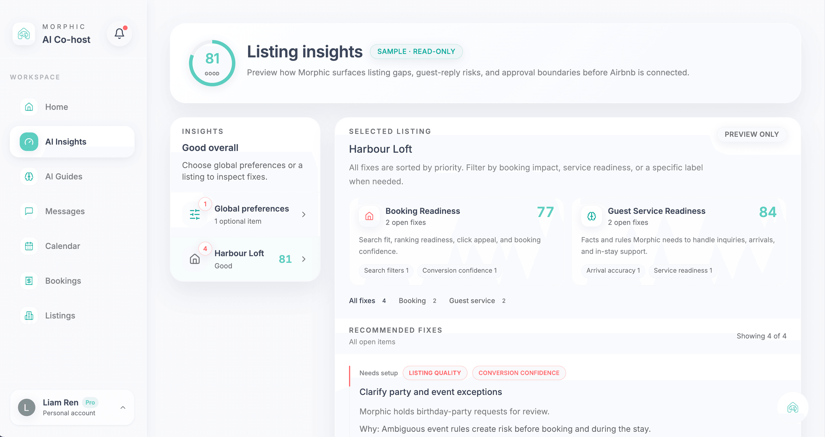 Morphic Listing insights dashboard showing booking performance, guest service readiness, and recommended fixes for an Airbnb listing.