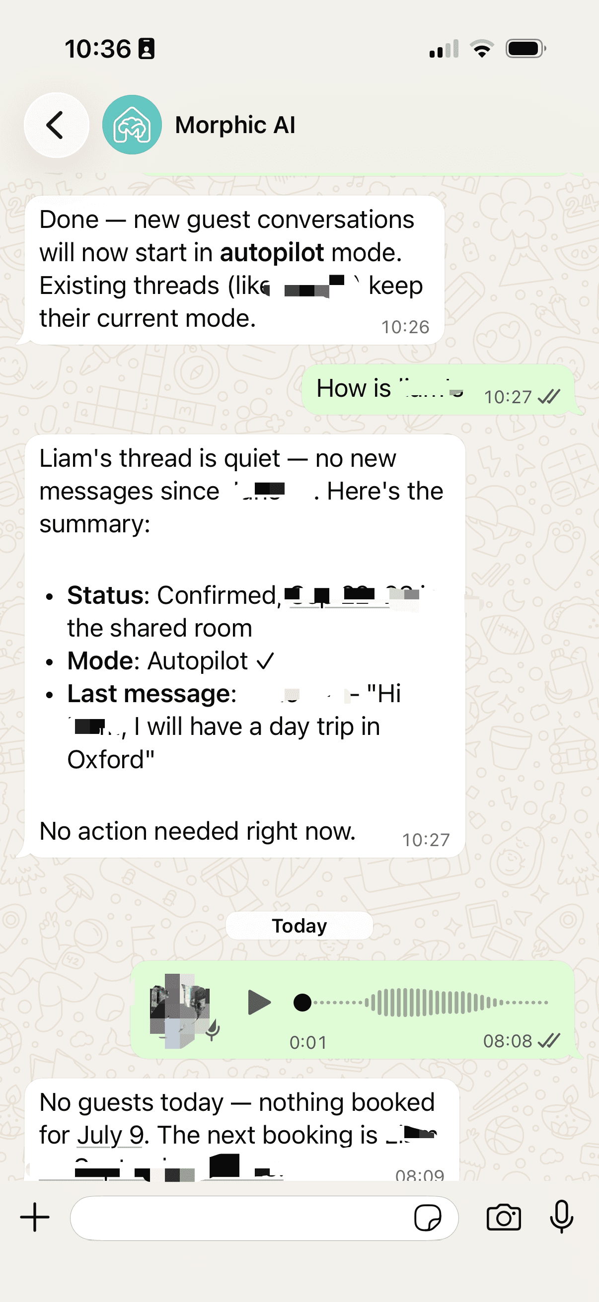 Morphic AI host assistant preview across WhatsApp, app, and web for Airbnb replies.