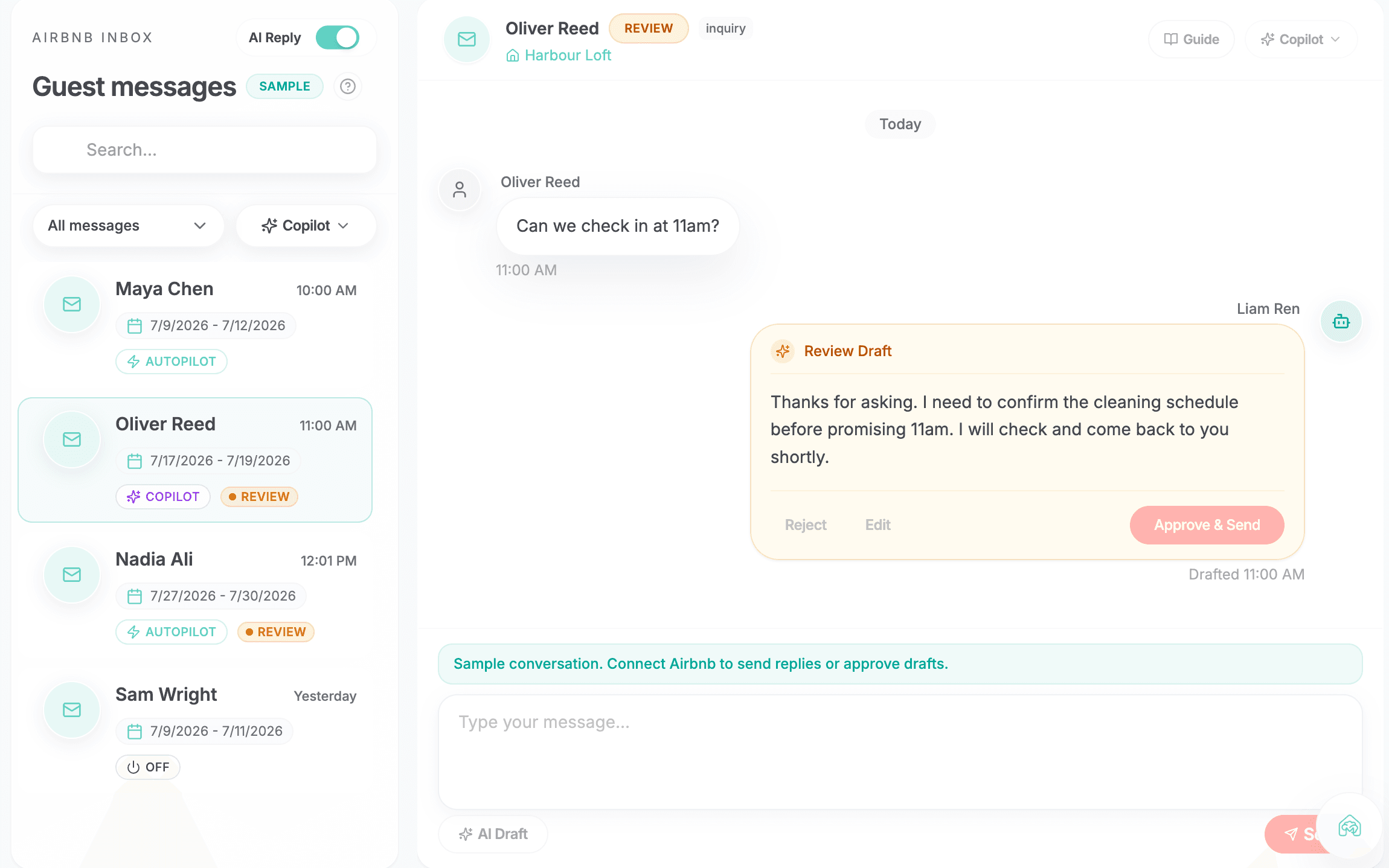 Morphic inbox showing guest conversations with Autopilot, Copilot, and Review tags, and a Copilot draft awaiting host approval before sending.