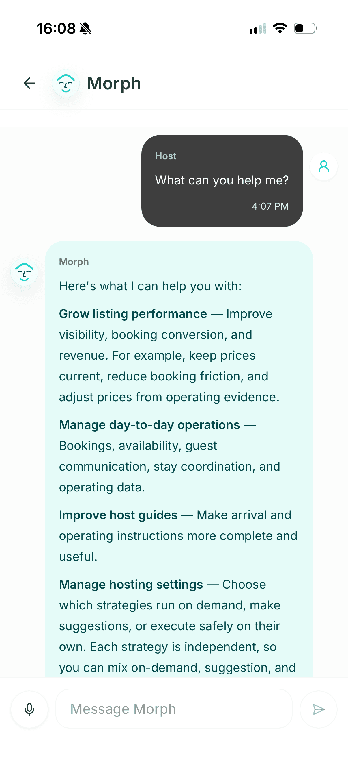 Representative Morphic capability interface illustration with synthetic data, showing listing performance, hosting operations, host guides, and settings support.