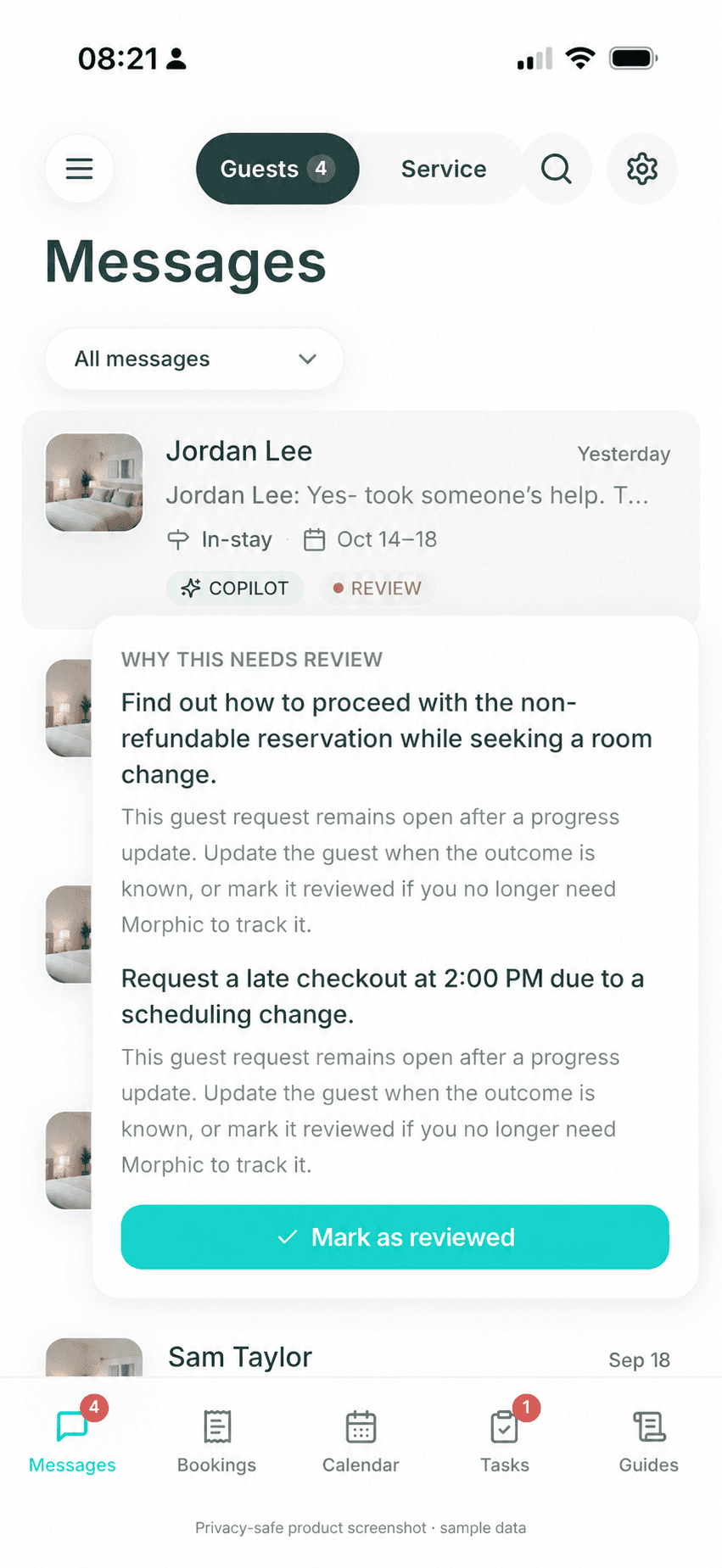 Representative Morphic Guest interface illustration with synthetic data, showing an unresolved request and a host review action.