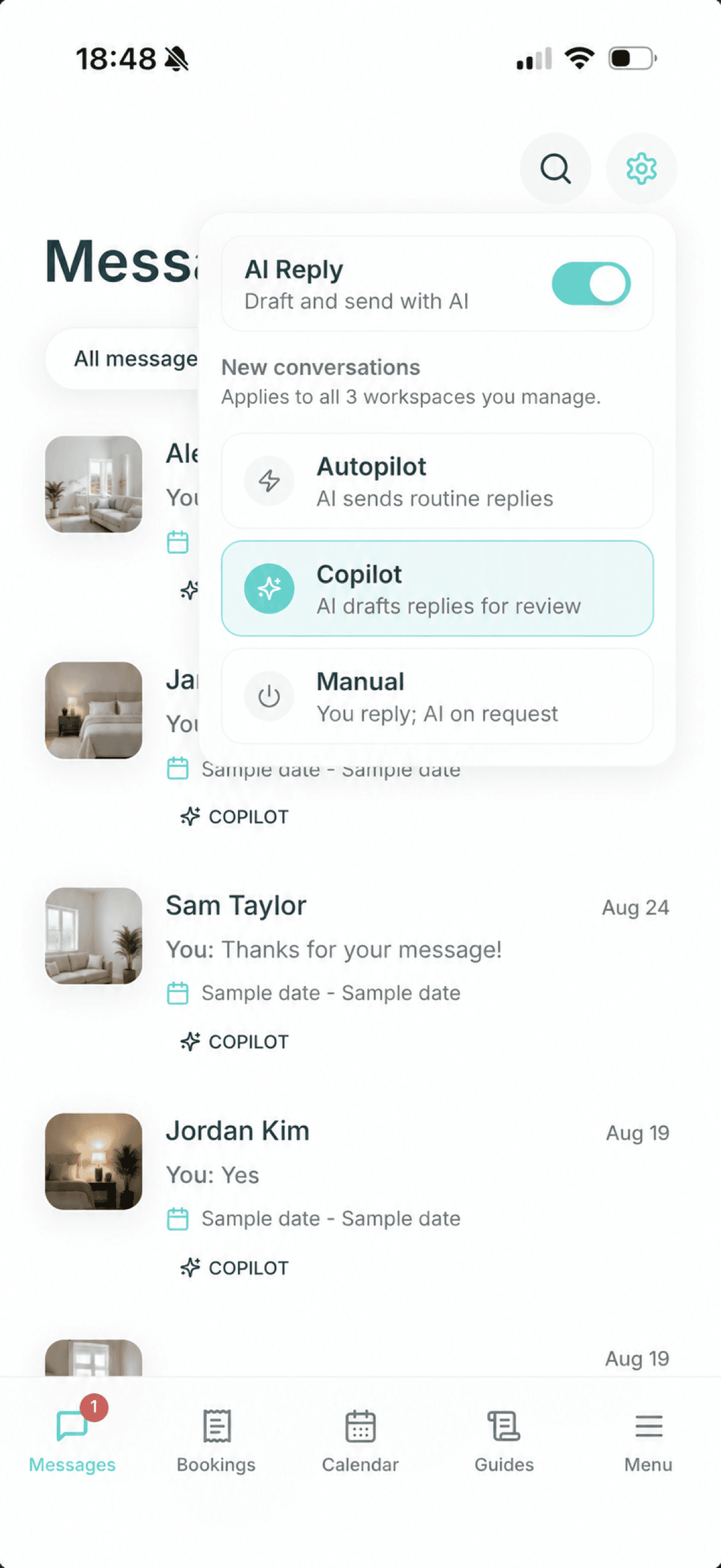 Privacy-safe Morphic message settings showing AI Reply with Autopilot, Copilot, and Manual choices for new conversations.