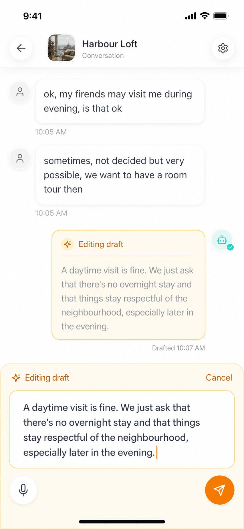 Morphic mobile conversation showing an editable AI reply draft in the message composer.
