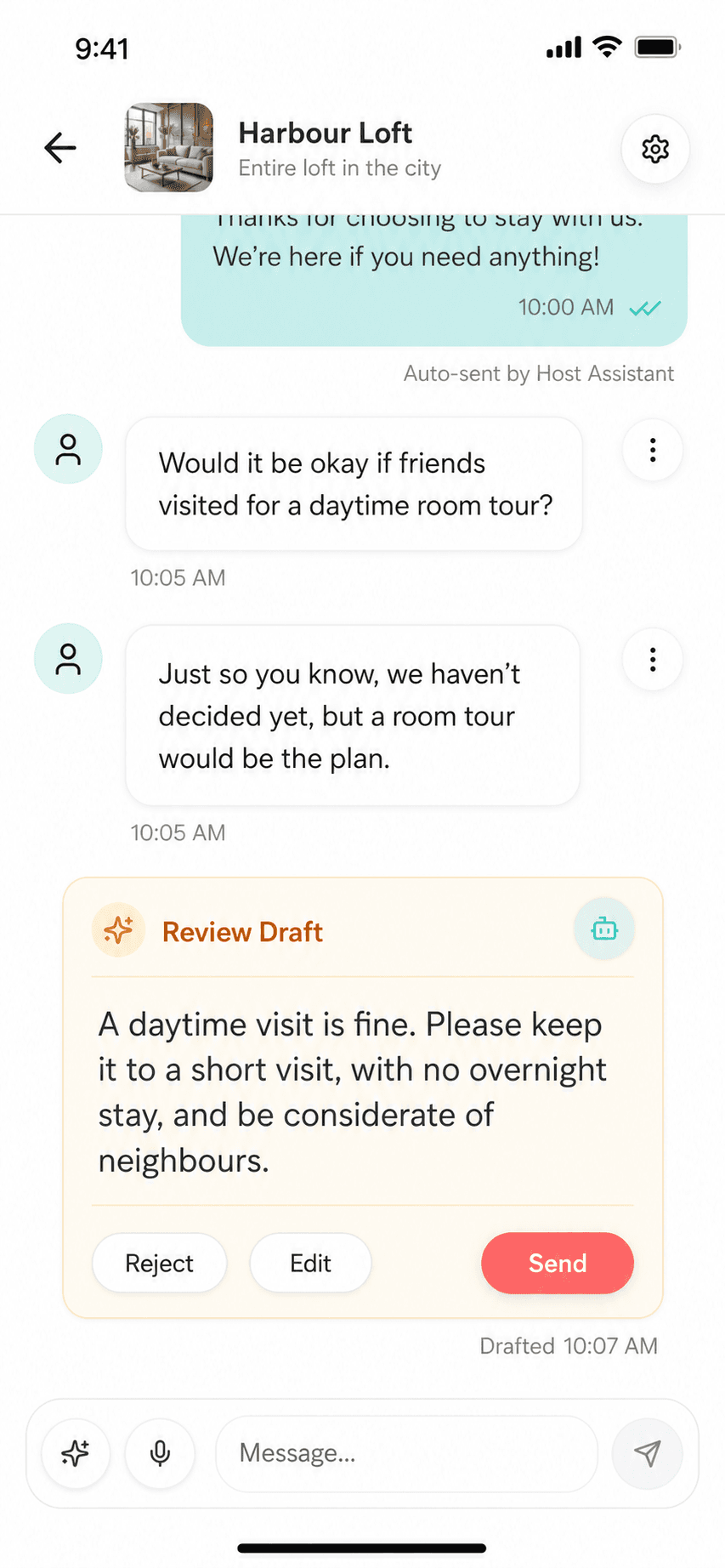 Morphic mobile conversation showing a guest request and an AI reply held as a review draft before sending.