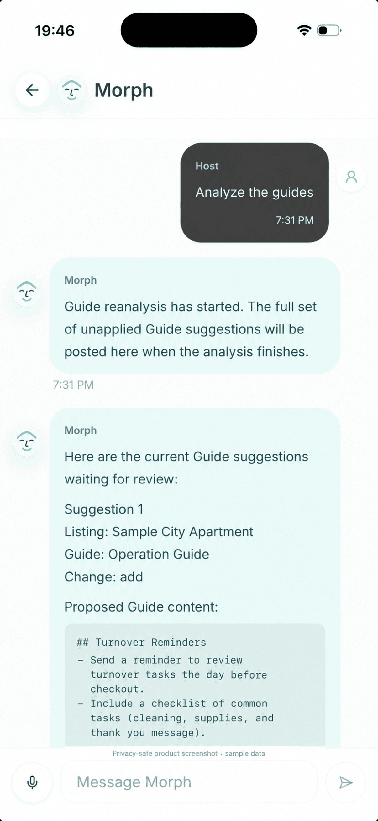 Privacy-safe Morphic assistant screenshot showing a proposed Operation Guide update waiting for host review.