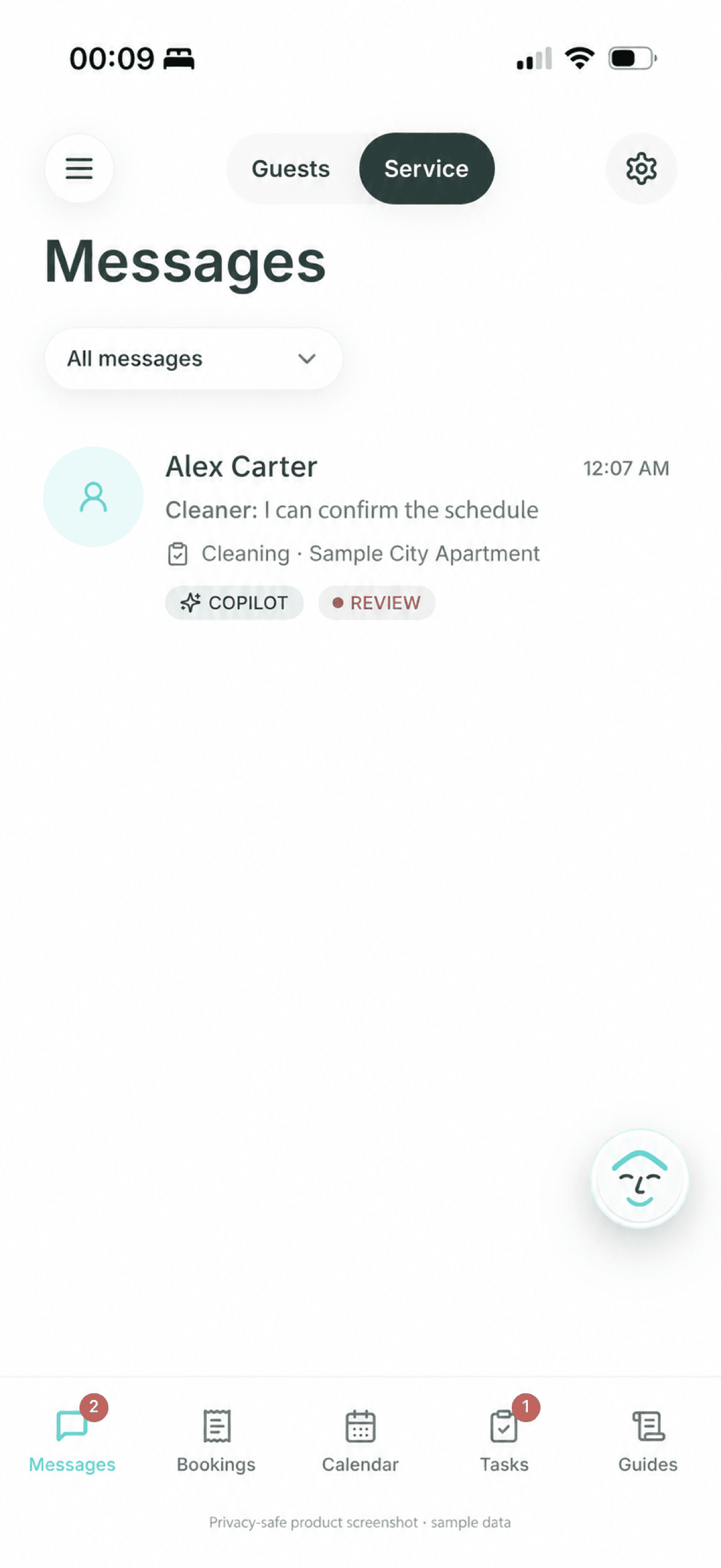 Representative Morphic Service interface illustration with synthetic data, showing a cleaner conversation that needs host review.