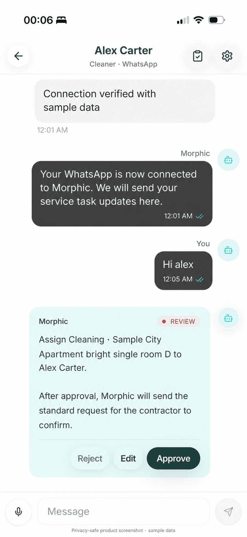 Representative Morphic Service interface illustration with synthetic data, showing a cleaner assignment held for host approval.