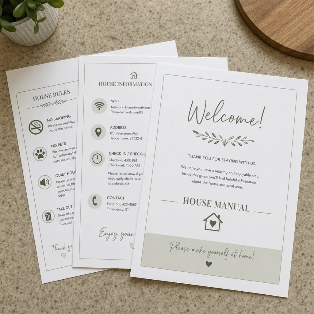 Illustrative welcome booklet, house information and house rules on a kitchen counter