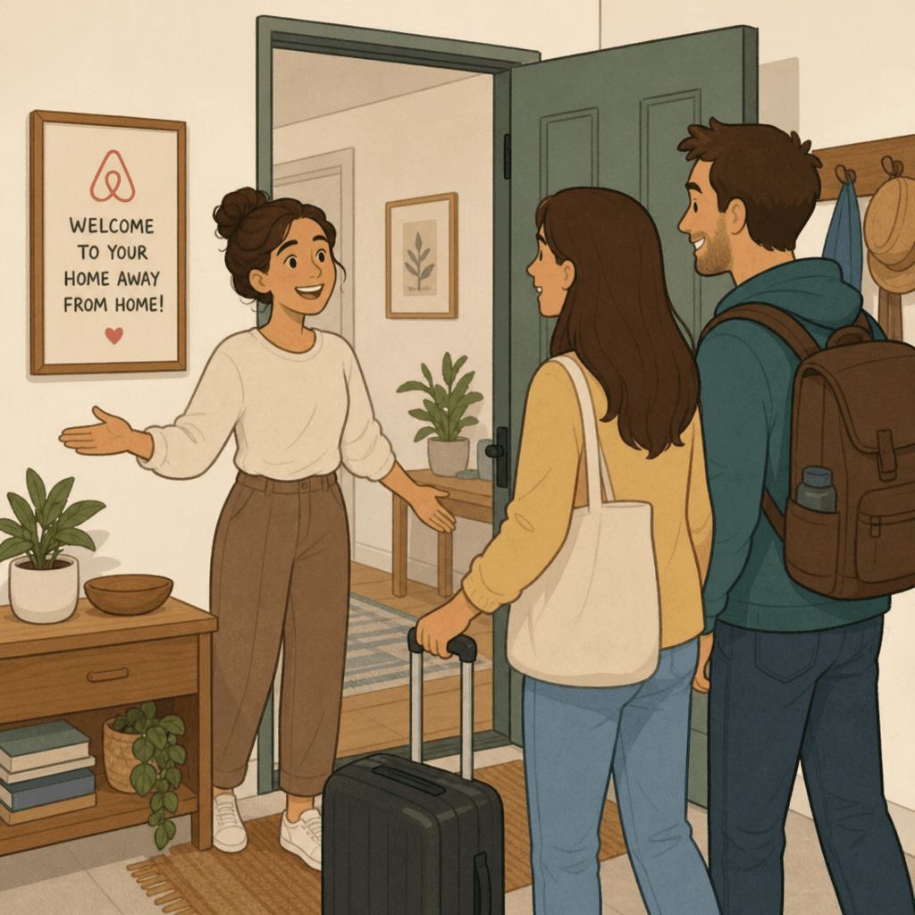 Representative illustration of a warm Airbnb arrival after a clear guest-host conversation.
