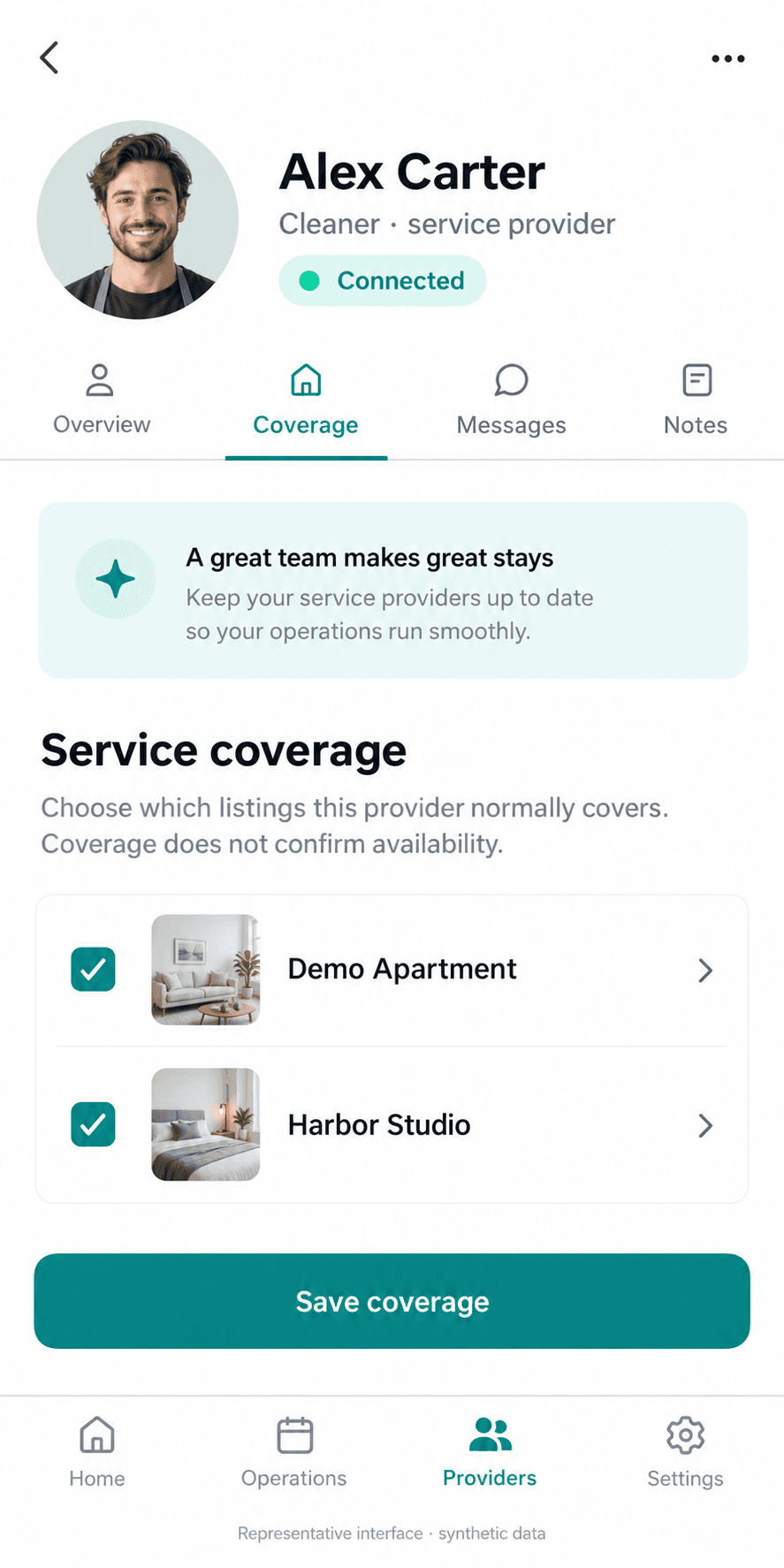 Sample Morphic service provider coverage screen listing which properties a known provider handles
