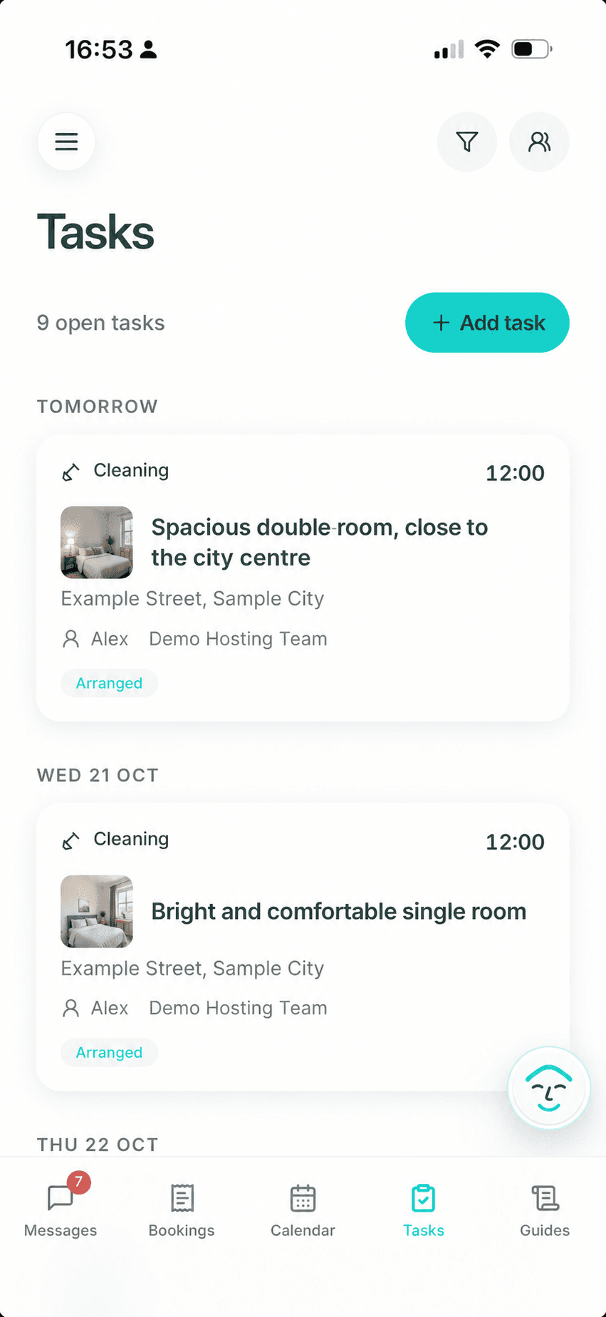 Anonymized Morphic Tasks screen showing upcoming cleaning assignments marked Arranged.