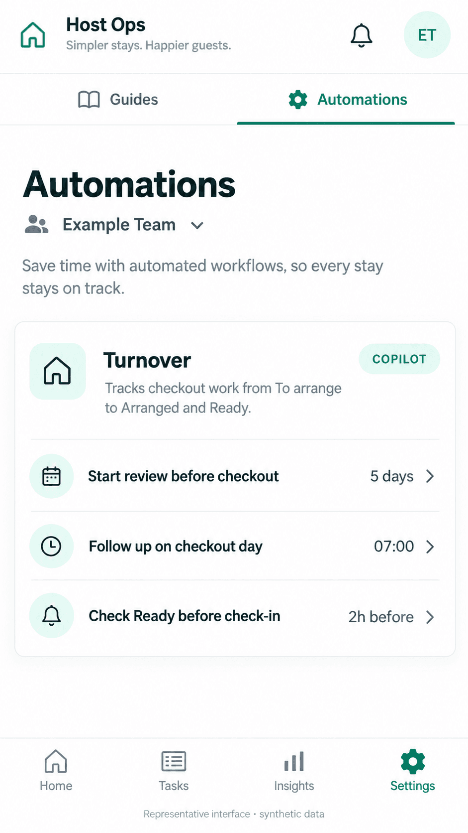 Representative Turnover automation settings with synthetic timing and Copilot mode.