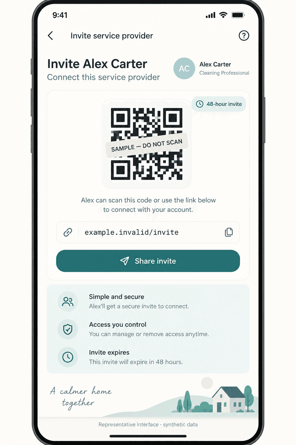 Representative WhatsApp invite screen with a synthetic non-functional QR placeholder and example link.
