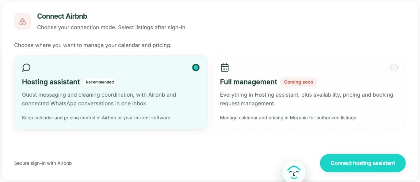 Morphic Connect Airbnb card with Hosting assistant selected and the Connect hosting assistant button.