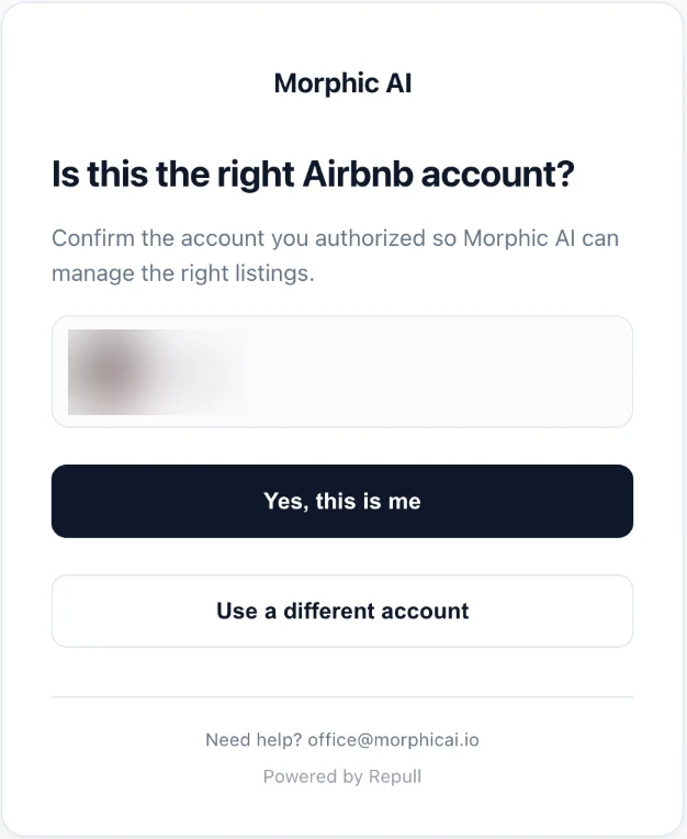 Account check asking Is this the right Airbnb account, with Yes, this is me and Use a different account buttons.