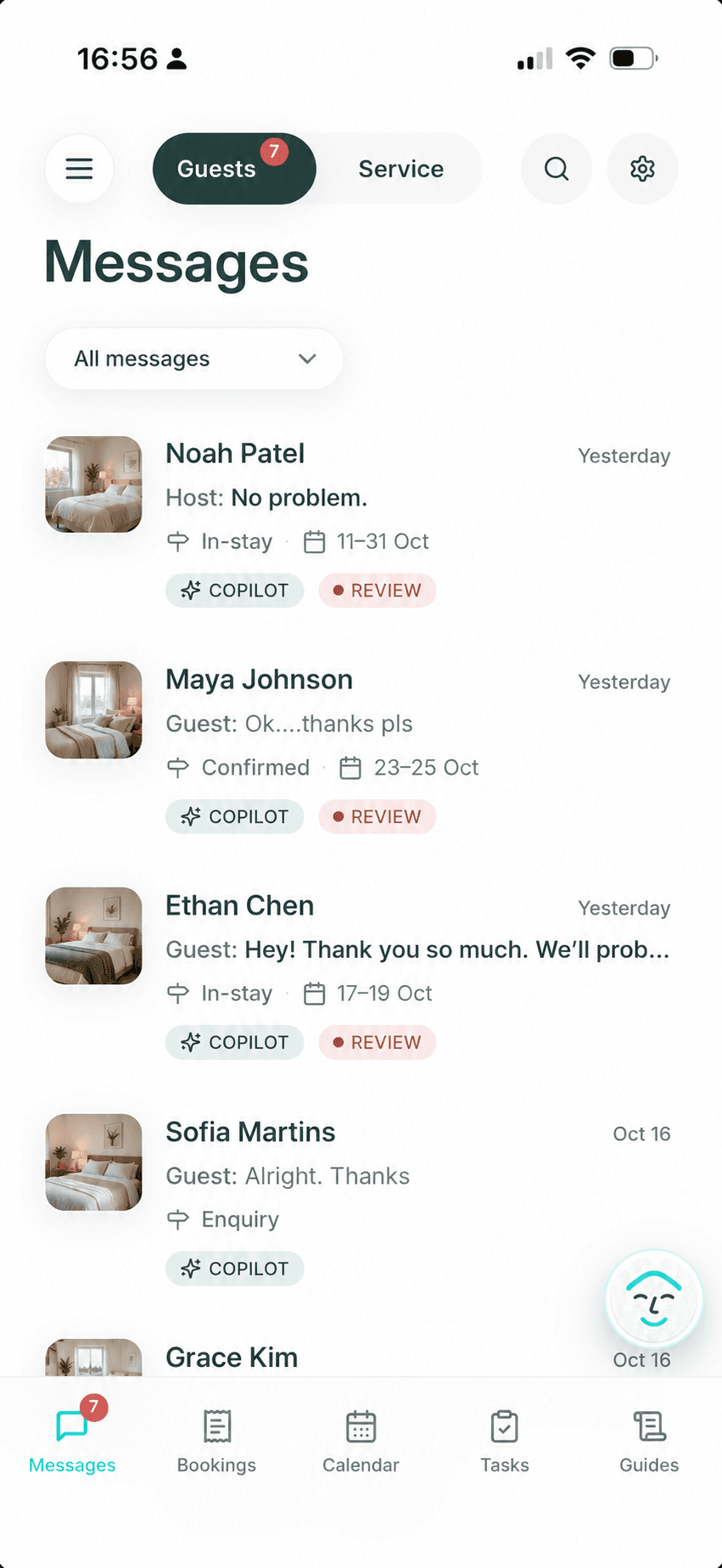 Morphic Messages showing guest conversations, stay context and review states. Names and room images anonymized.
