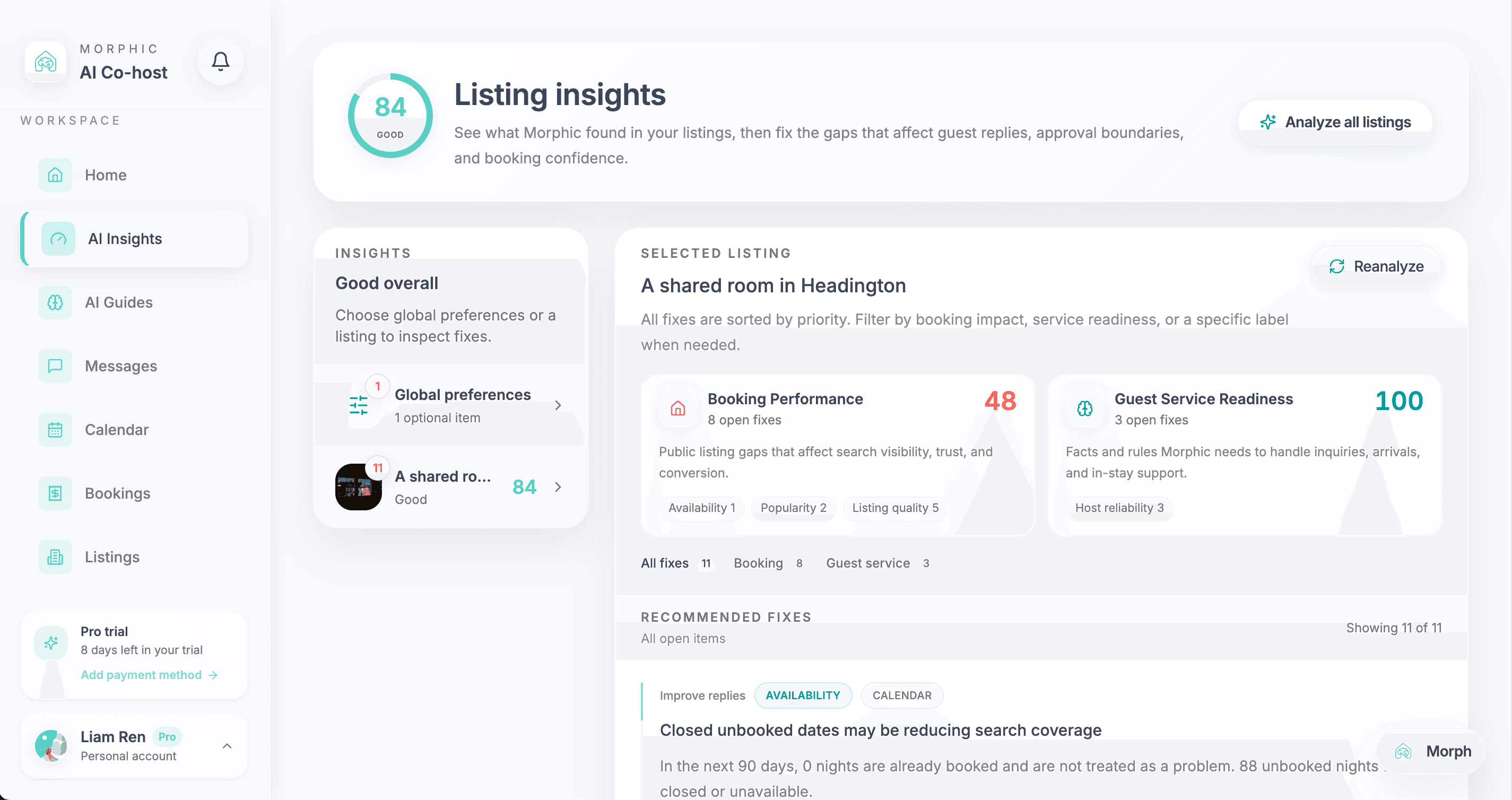 Morphic Listing insights dashboard showing booking performance, guest service readiness, and recommended fixes for an Airbnb listing.