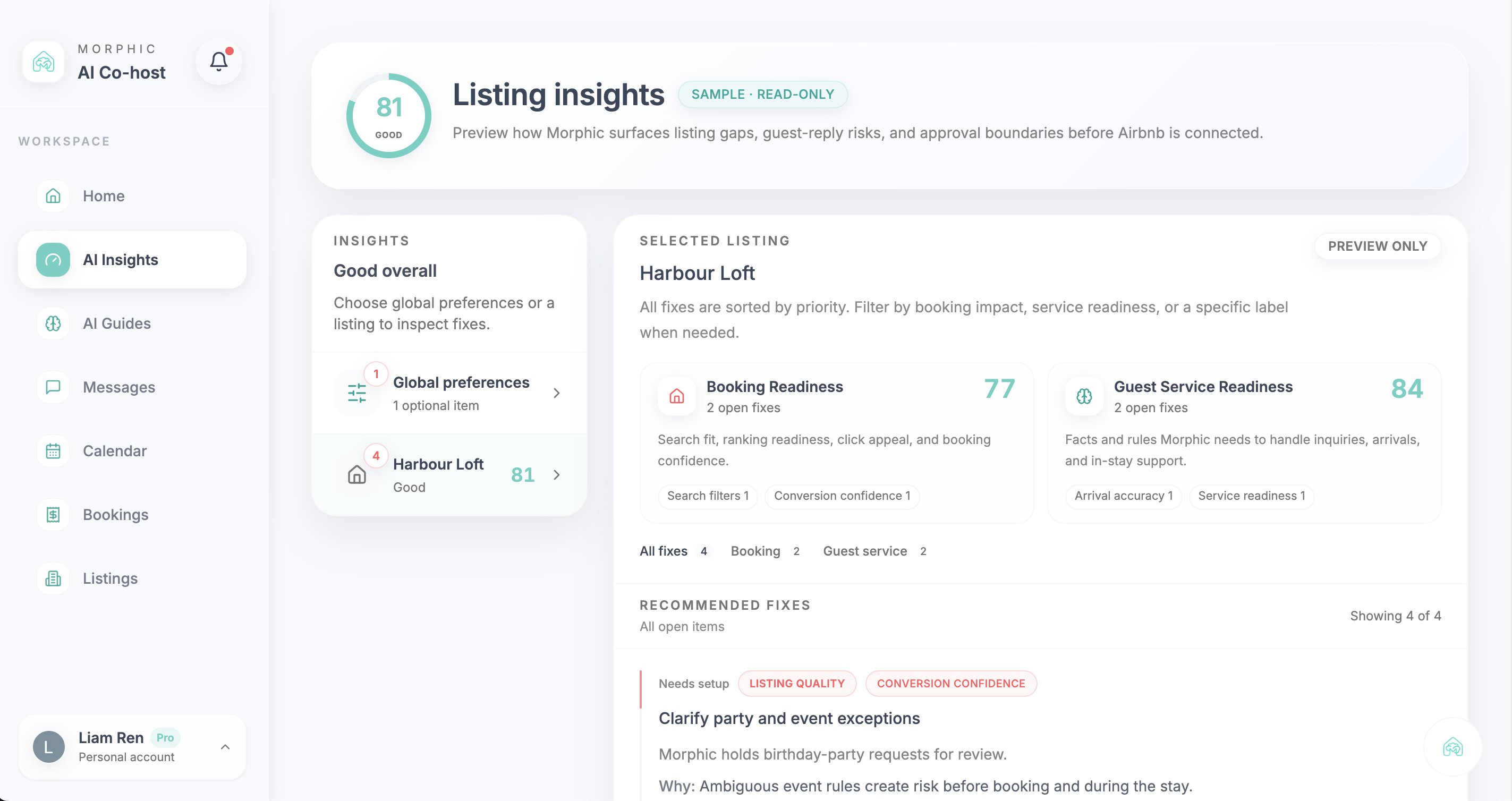 Morphic Listing insights dashboard showing booking performance, guest service readiness, and recommended fixes for an Airbnb listing.
