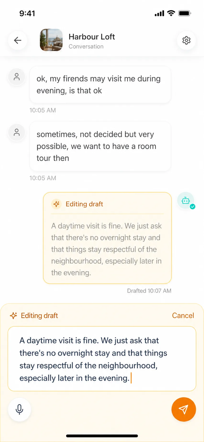 Morphic mobile conversation showing an editable AI reply draft in the message composer.