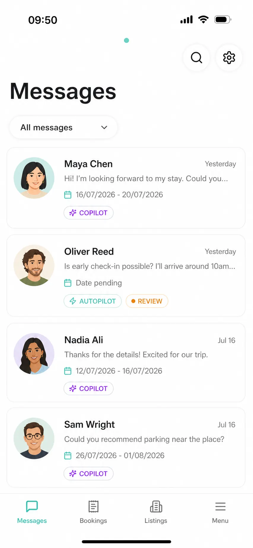 Morphic mobile messages inbox showing copilot, autopilot, and review states across guest conversations.