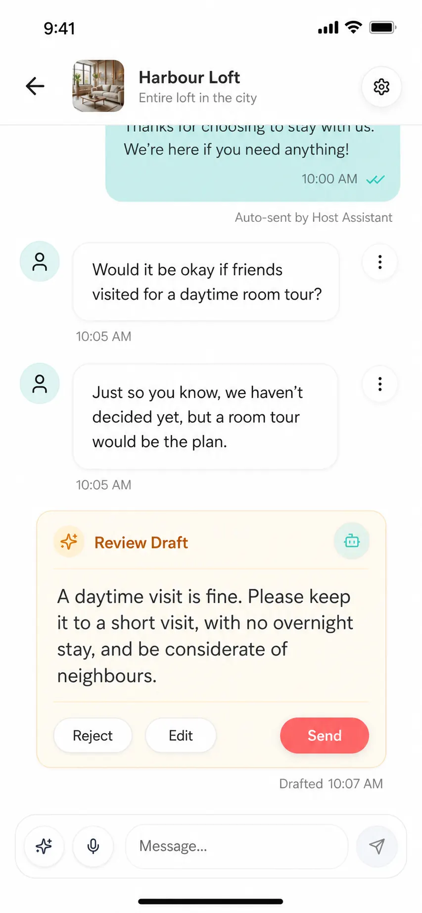 Morphic mobile conversation showing a guest request and an AI reply held as a review draft before sending.